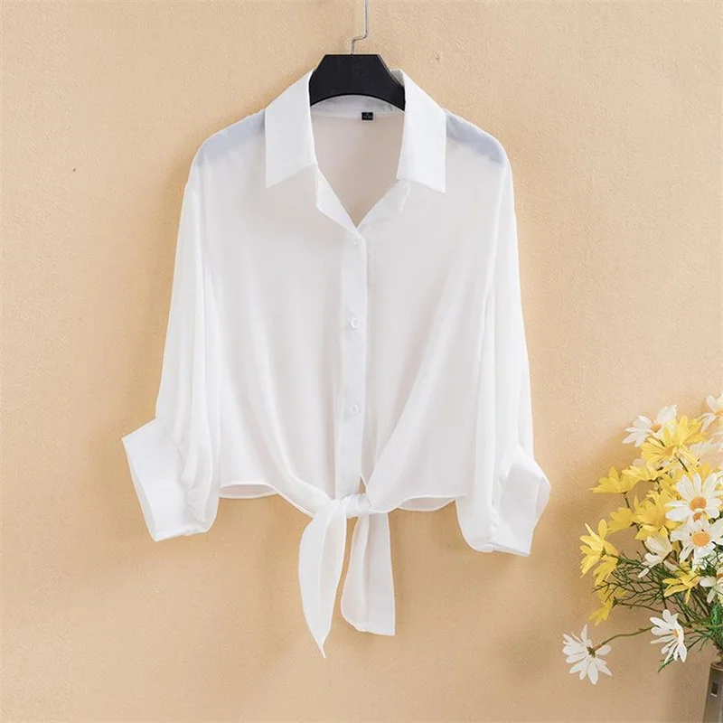 

Women's Chiffon Open Cardigan Summer New Loose Breathable Pure Color Air Conditioning irt Collar Long Sve Regular Fit