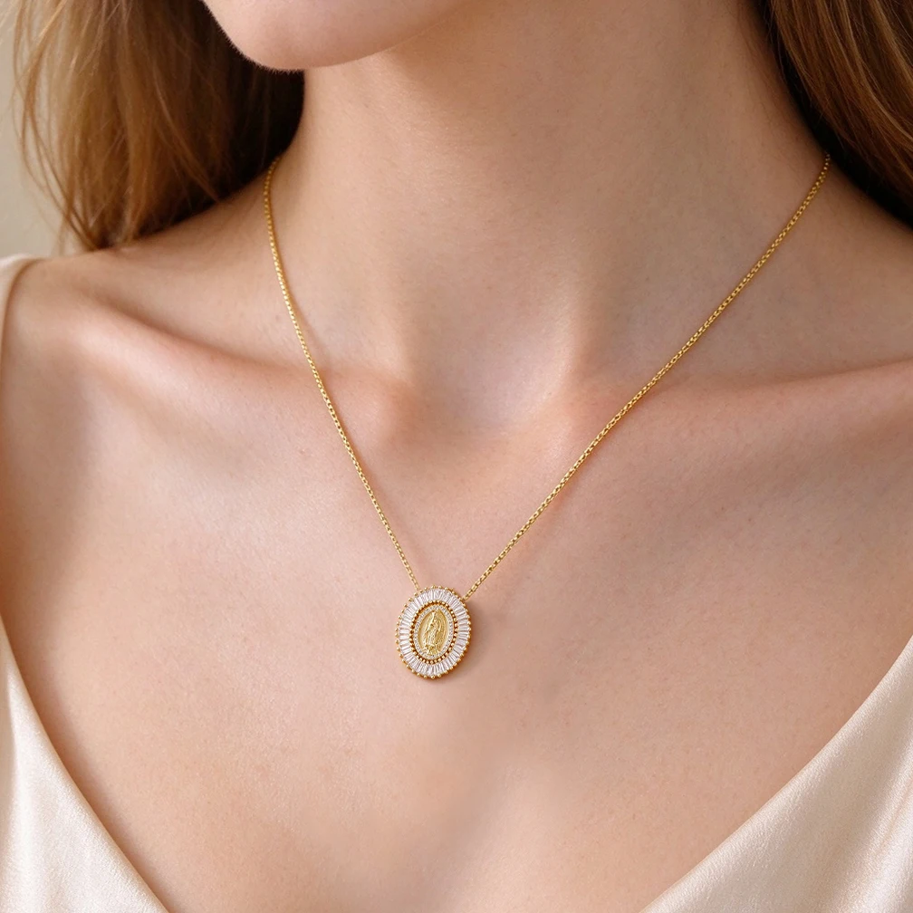 MHS.SUN AAA Zircon Religion Jewelry Catholic Virgin Guadalupe Pendant Necklace Fashion Gold/Sliver Plated Choker For Women Men image 2