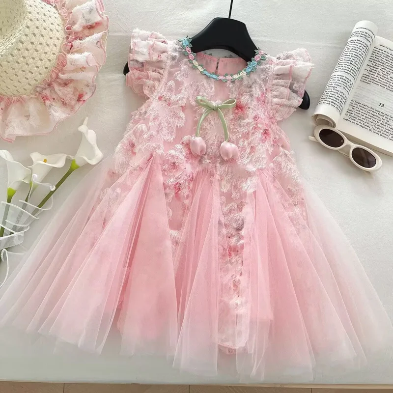 

2025Summer Girls' Dress Little Girl Mesh Princess Dress Jacquard Fairy Vest Dress Beach Dress Wholesale
