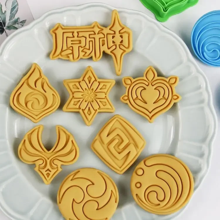 Genshin Impact-herramienta para pastel de 7 elementos, cortador de galletas de Anime, cortadores de Navidad, sello de galleta, molde para Fondant, moldes para hornear Sugarcraft