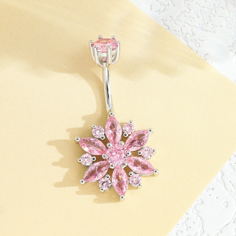 925 sterling silver belly piercing Button Bar Ring pink flower cubic zircon navel piercing jewelry