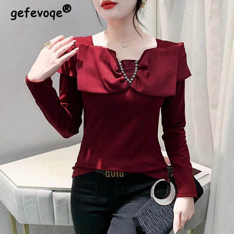 Women's Clothing 2024 Spring Autumn Bow Rhinestone Elegant Chic Basic T-shirts Korean Fashion Sexy Solid Long Sleeve Slim Tops