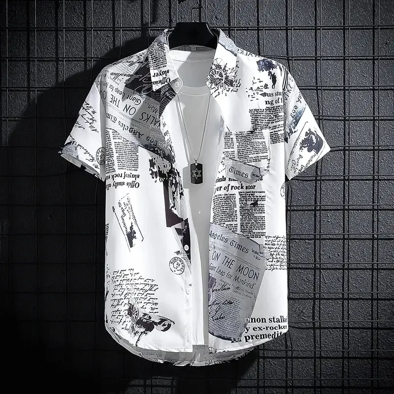 Men's Black White Short Sleeve Casual Shirt Loose Fit Beach T-Shirt Hawaiian Lapel Single Button Fashion Top
