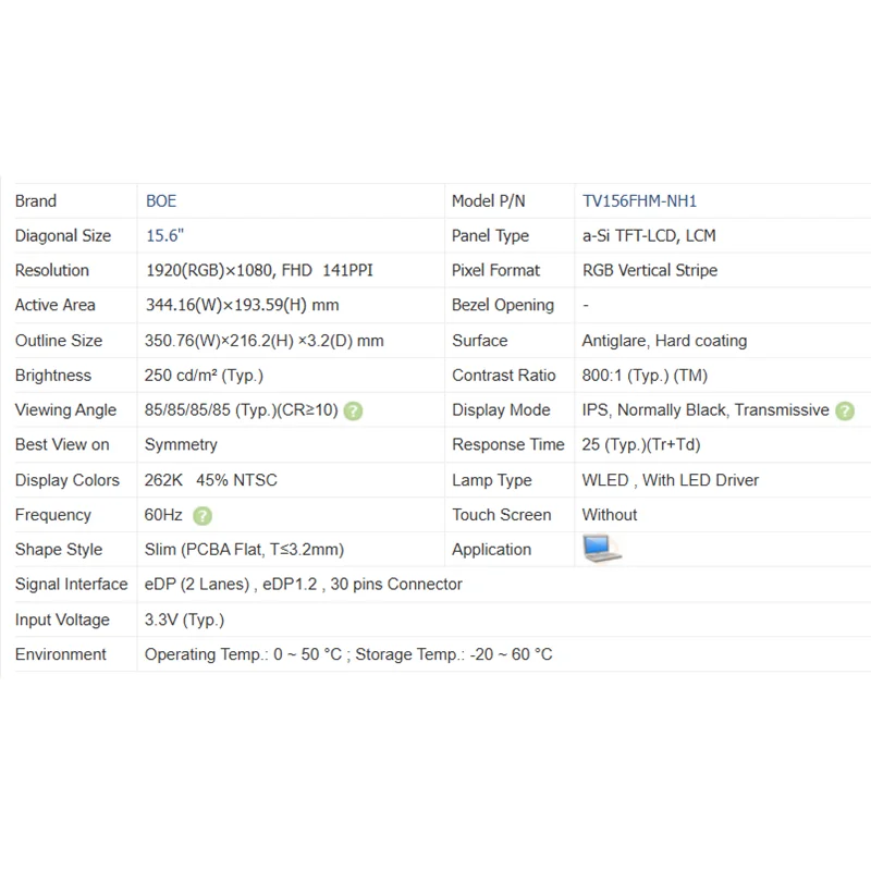 15.6" TV156FHM-NH1 1920(RGB)*1080 eDP 30 pins 60Hz Laptop Matrix LCD Screen Applicable to Honor MagicBook 15