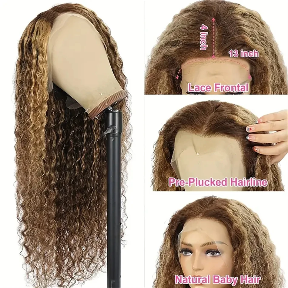Para mujeres 13x4 resaltar Ombre onda de agua pelucas delanteras de encaje cabello humano prearrancado 4/27 peluca de color rubio miel cabello humano rizado
