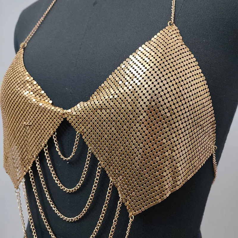 Skl 000198   Gilet con catena in metallo multistrato per feste, canotta seducente senza schienale, abbigliamento accessorio da donna, reggiseno alla moda