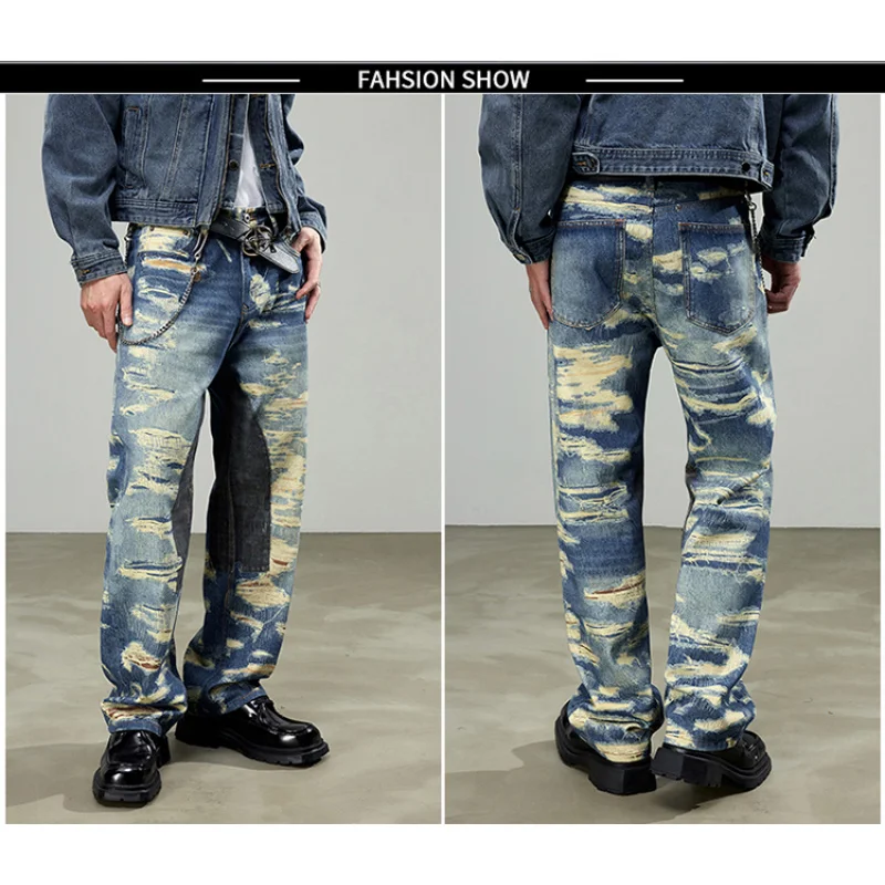 Street personality hip-hop straight wide-legged pants American high-end fashion retro nostalgia loose jeans male models