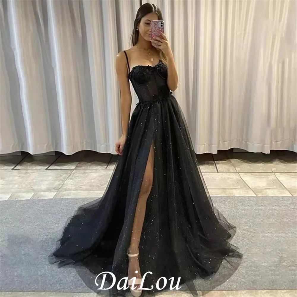 

A Line Bridal Affair Black Glitter Tulle Prom Dresses Spaghetti Straps Sweetheart Bones Side Slit 3D Flowers Long Evening Gowns