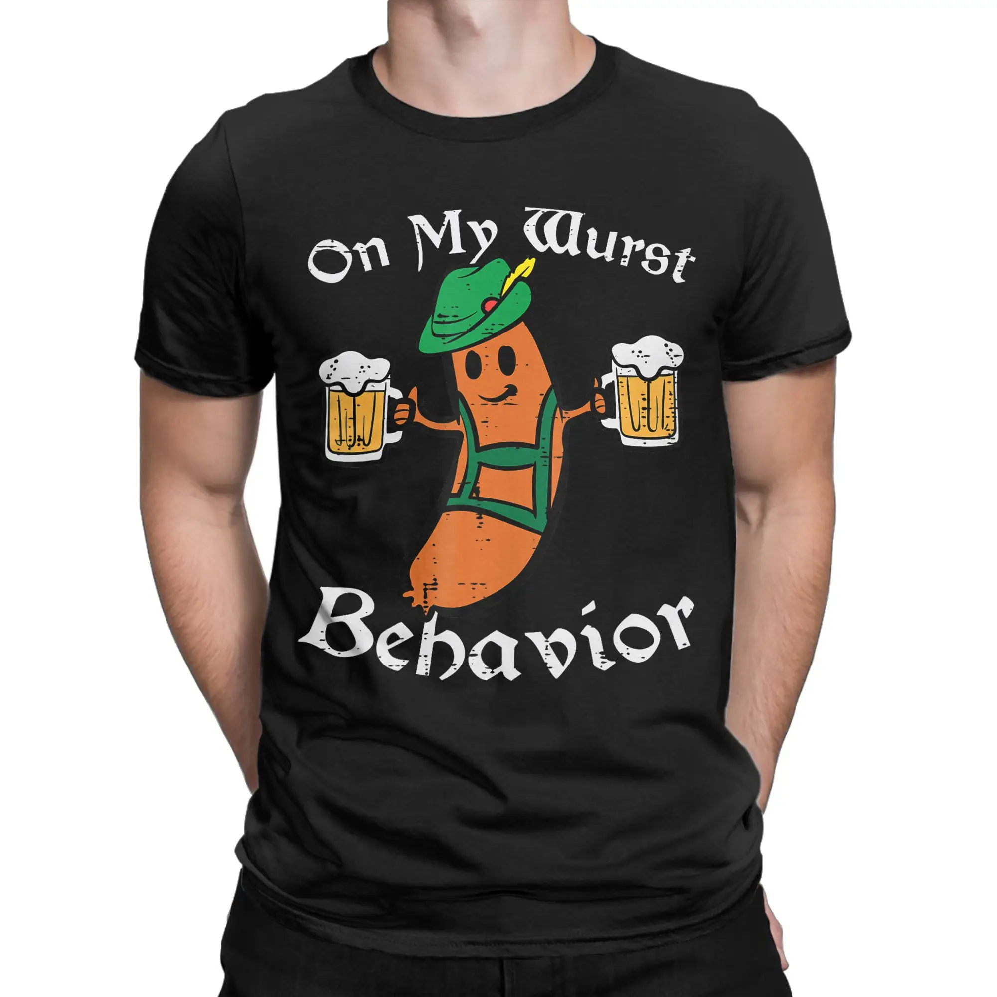 Novelty Oktoberfest On My Wurst Behavior German T-Shirts for Men Crewneck Cotton T Shirt  Short Sleeve Tee Shirt Plus Size Tops