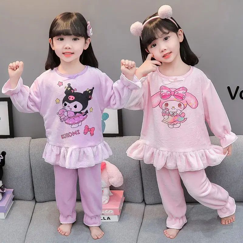 

Kawaii My Melody Kuromi Sanrio Children Cute Cartoon Comfortable Plush Warm Pajamas Student Coat Trouser Birthday Gifts for Kids