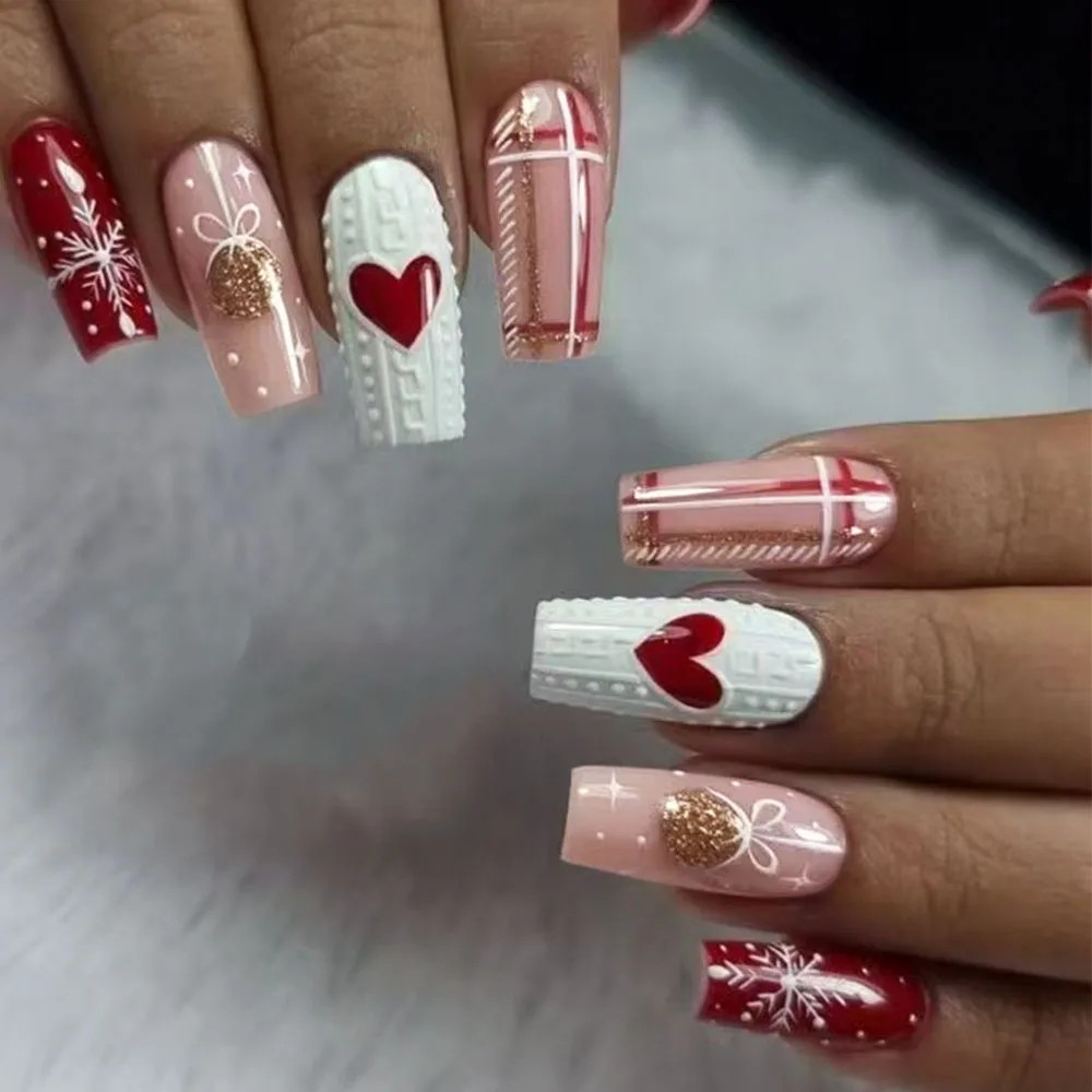 24pcs medium and long fake nails, love Christmas glitz butterfly, lines, snowflake full cover design fake nails, press fake nail