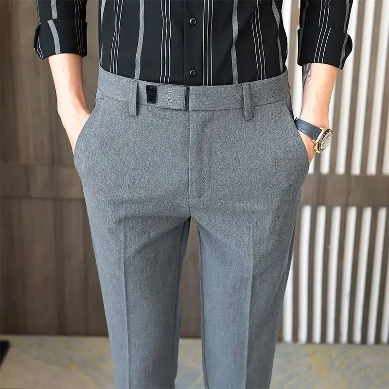 Stretch 9 Cropped Male Suit Trousers Business Social Tailoring Slim Fit Tressed Fluid Elastic Black Straight Draped Stylish Up