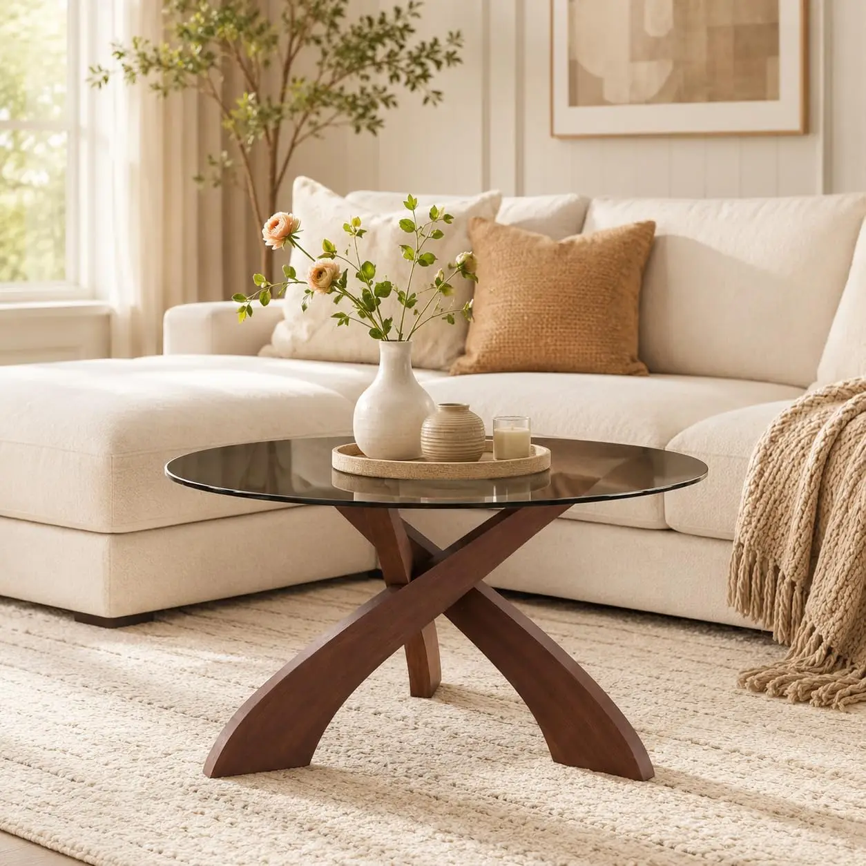 30.7 Inch Round Glass Coffee Table Modern Center Accent Table With Tempered Glass Top Walnut Wood X Shaped Base Table For Living Room Apartment Small Spaces, Walnut