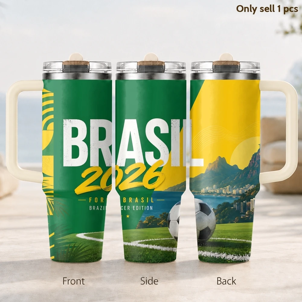 Brazilian football fans Vacuum Flasks 40oz 3rd Gen Vacuum Insulated Stainless Steel Tumbler Cup with Handle Straw Lid for Gifts