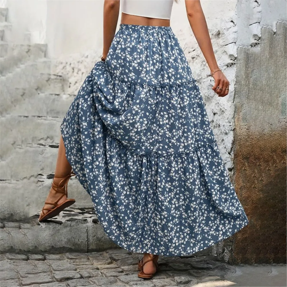 Small Floral Skirt Women\'s Waistband Elastic Three-layer Splicing Long Skirt A-line Pleated Big Swing Skirts 2025 Harajuku Femme