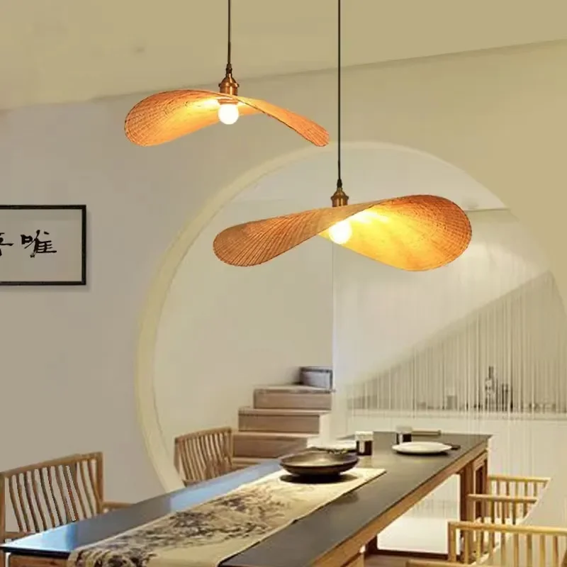 for Bamboo Chandelier New Chinese Zen Japanese Southeast Asia Creative Straw Hat Light Stairs Art Lighting for Tea Room Decor