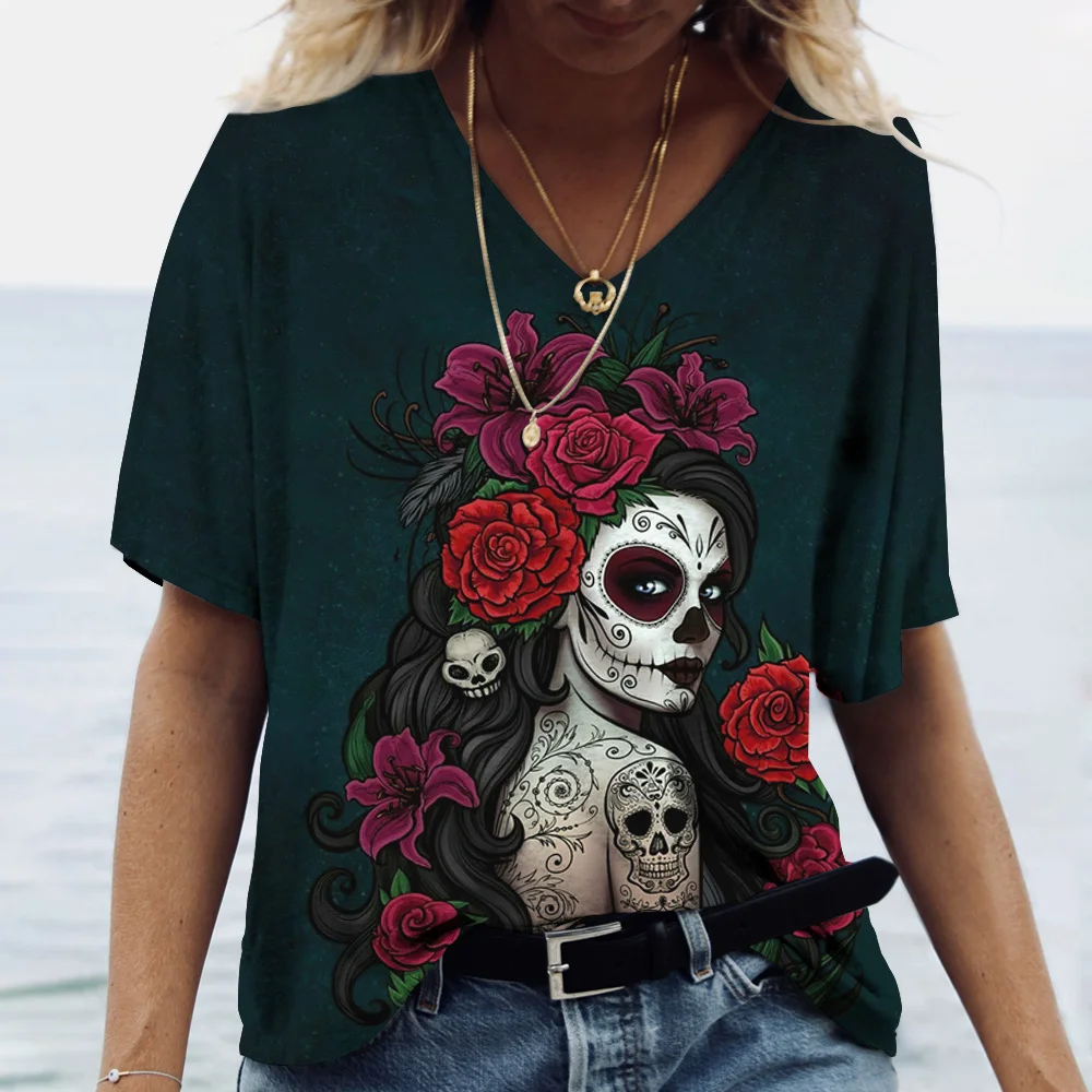 Fashion Woman Blouses 2024 T-shirt Women\'s 3d Clown Print Color Skull V-neck T Shirt Female Clothing Oversized Summer Tops Tees