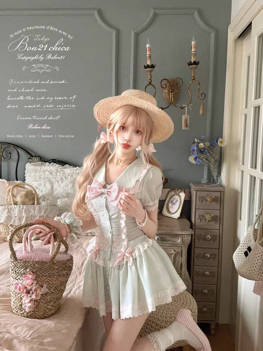 Princess sweet lolita dress bobon21 Berry Mist Mint lace bow pink Japanese Style Retro Cute Tencel Vinegar Hemp Dress D2419