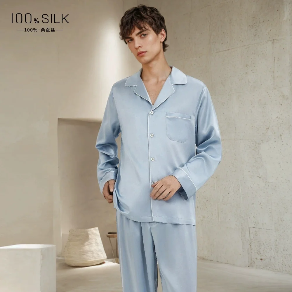 Nieuwe zomerstijl 19 Momme zwaargewicht zijden pyjama voor heren - 100% moerbeizijde met lange mouwen en lange broek Cool-feel loungewear