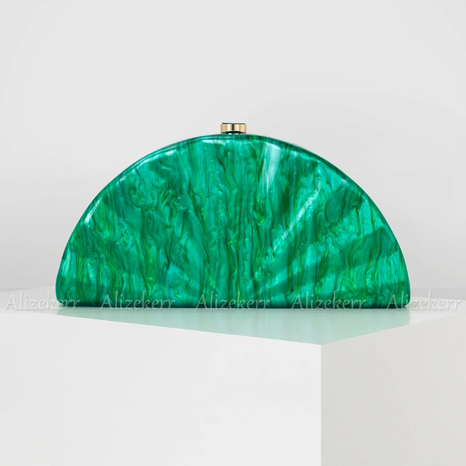 Alizekerr Half Round Acrylic Box Evening Handbags Women Boutique Elegant Fan Shaped Clutch Purses Wedding Party Crossbody Bags