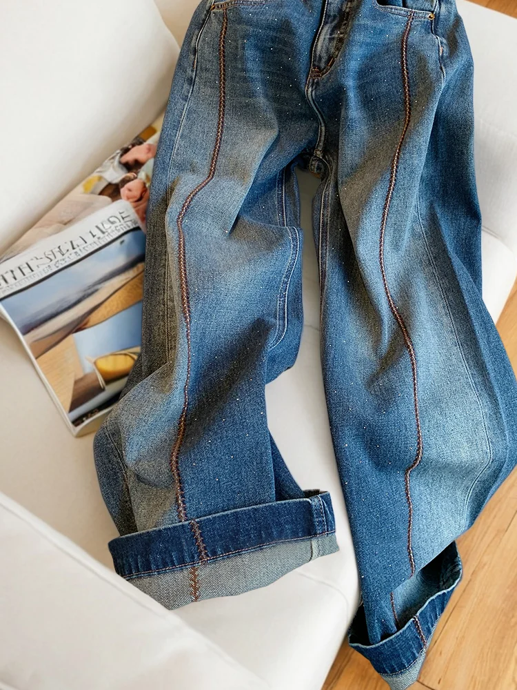 Męskie luźne jeansy w stylu retro American Heavy Du, zdobione dżetami, niebieskie, z wysokim stanem, dopasowane, proste nogawki, casualowe spodnie dżinsowe.