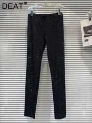 DEAT Trendy Fashion Women's Solid Color Diamonds Straight Pants 2023 Winter New Elastic High Waist Trousers Female 11XX7656