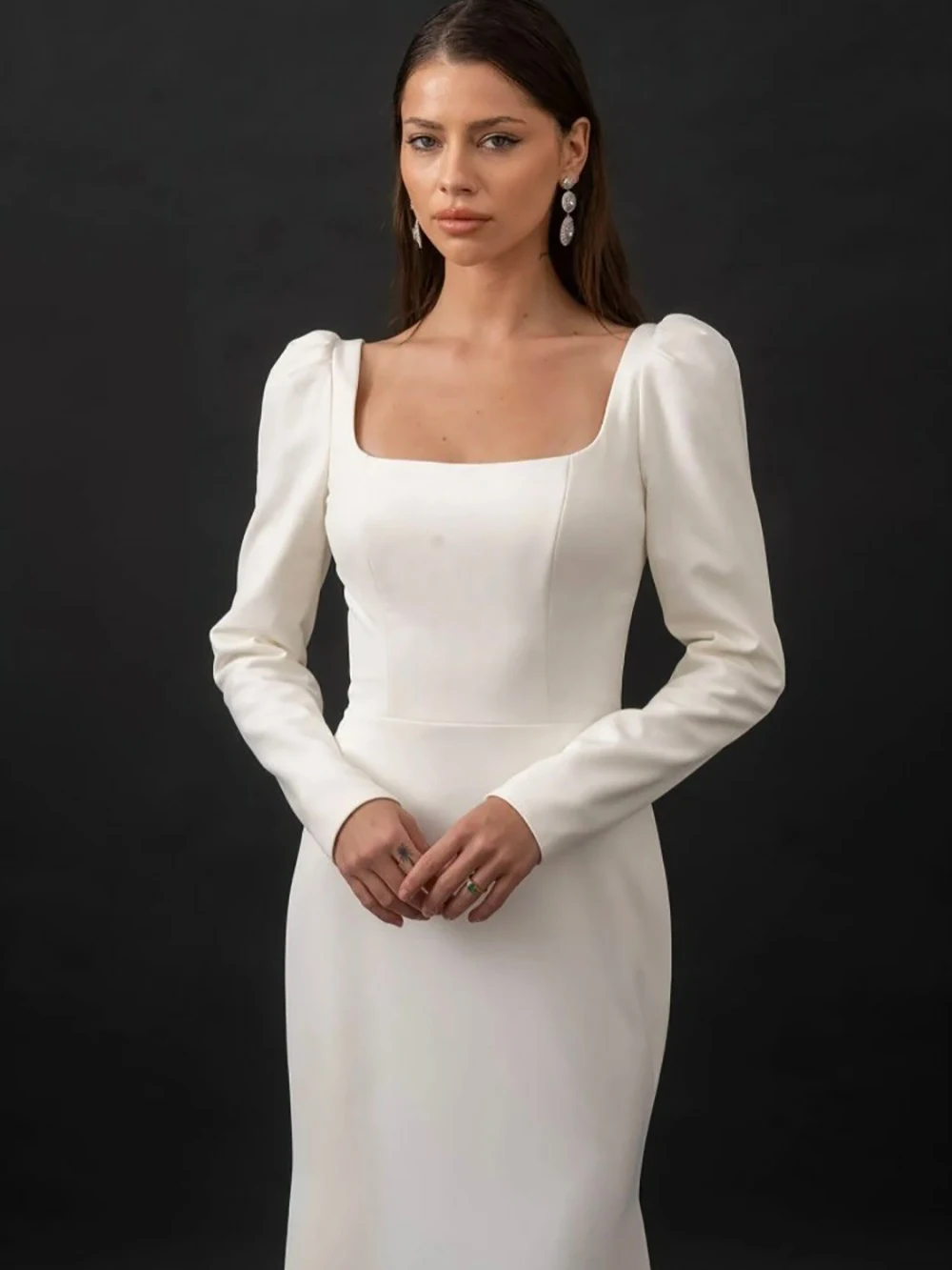 Vestidos de casamento civil para noivas gola quadrada mangas compridas nupcial crescido vestidos de novia sem costas vestidos de noivas personalizados