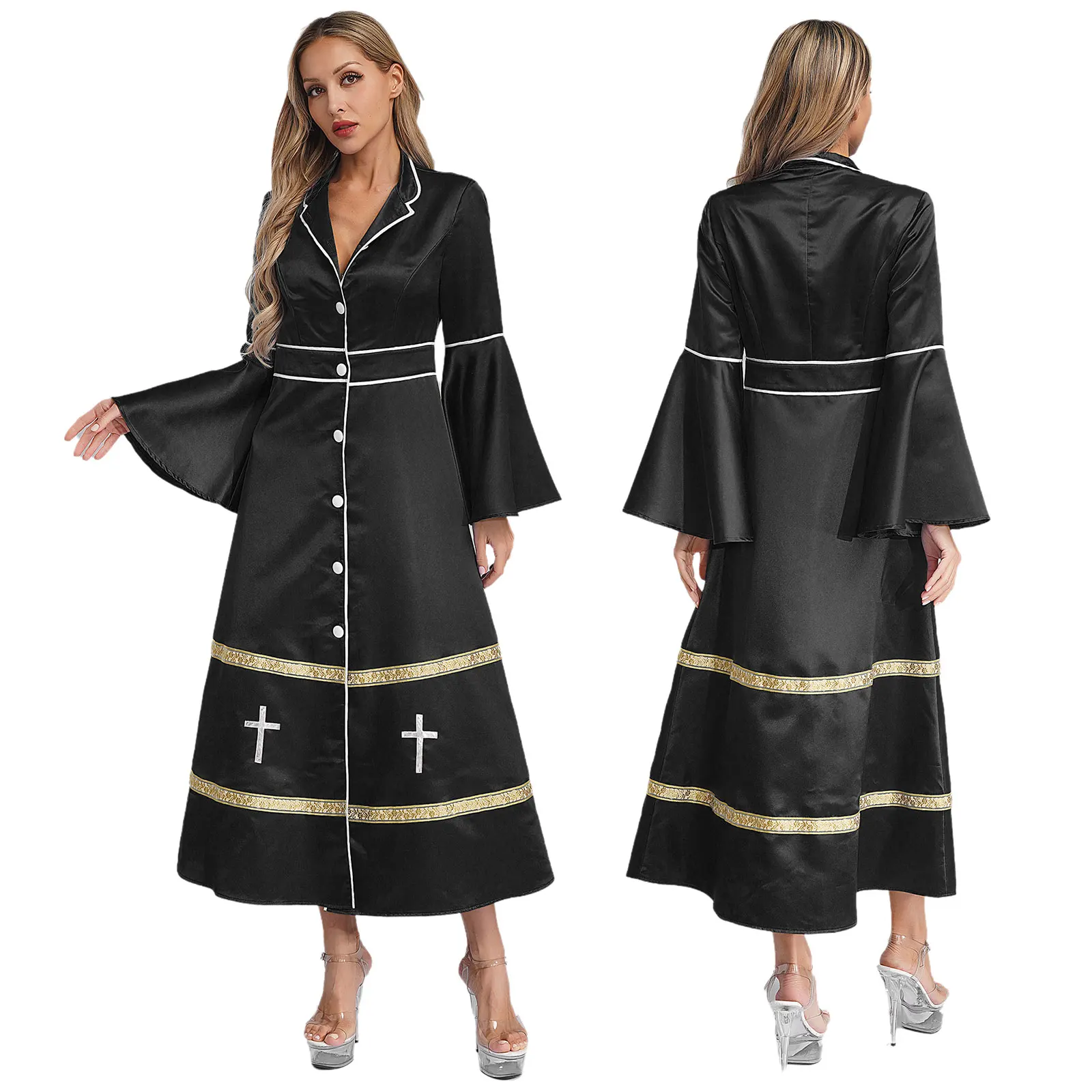 Women Long Sleeve Cassock Pastor Robe Church Choir Gown Priest Dress Pulpit Liturgical Vestment Halloween Clergy Cosplay Costume