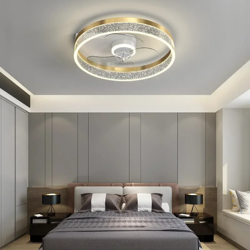 Modern minimalist gold-plated brushed circular ceiling light LED three light bedroom transparent decorative fan light
