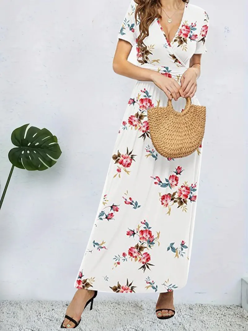 Spring and Summer New Style Fashionable and Elegant Short-Sleeved Wrap Waist V-Neck Women's Dress with Pockets