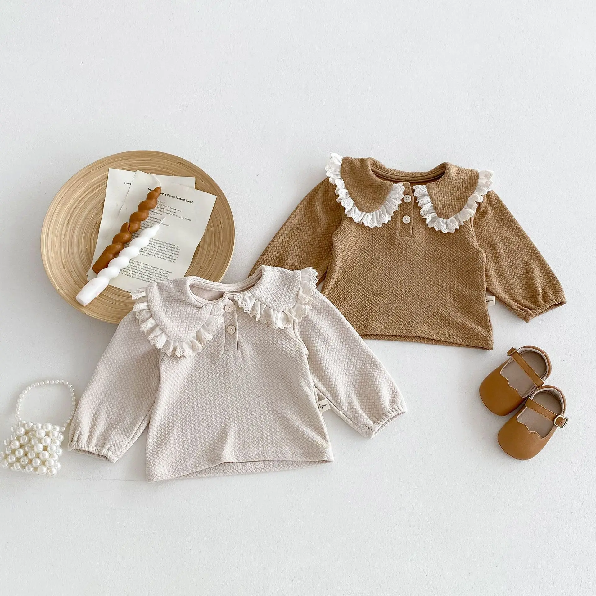 Autumn Newborn Infant Baby Girls Lapel Lace Elastic Force T-Shirt Muslin Long Sleeve Kids Fashion Baby Clothing