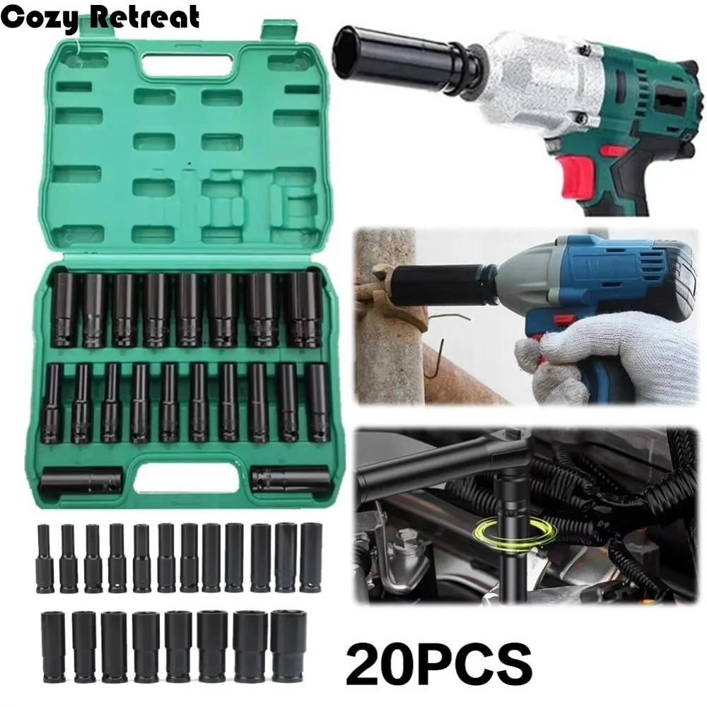 

1/2 Inch Drive Electric Wrench Socket Set 8-32mm High Hardness Impact Socket Set Extended Length 6 Point Hex