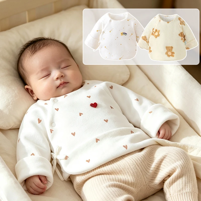 0‑3M Newborn Half‑Back Shirt, Pure Cotton Baby Top, Autumn Winter Thick Warm Inner Wear for Infant Boys Girls