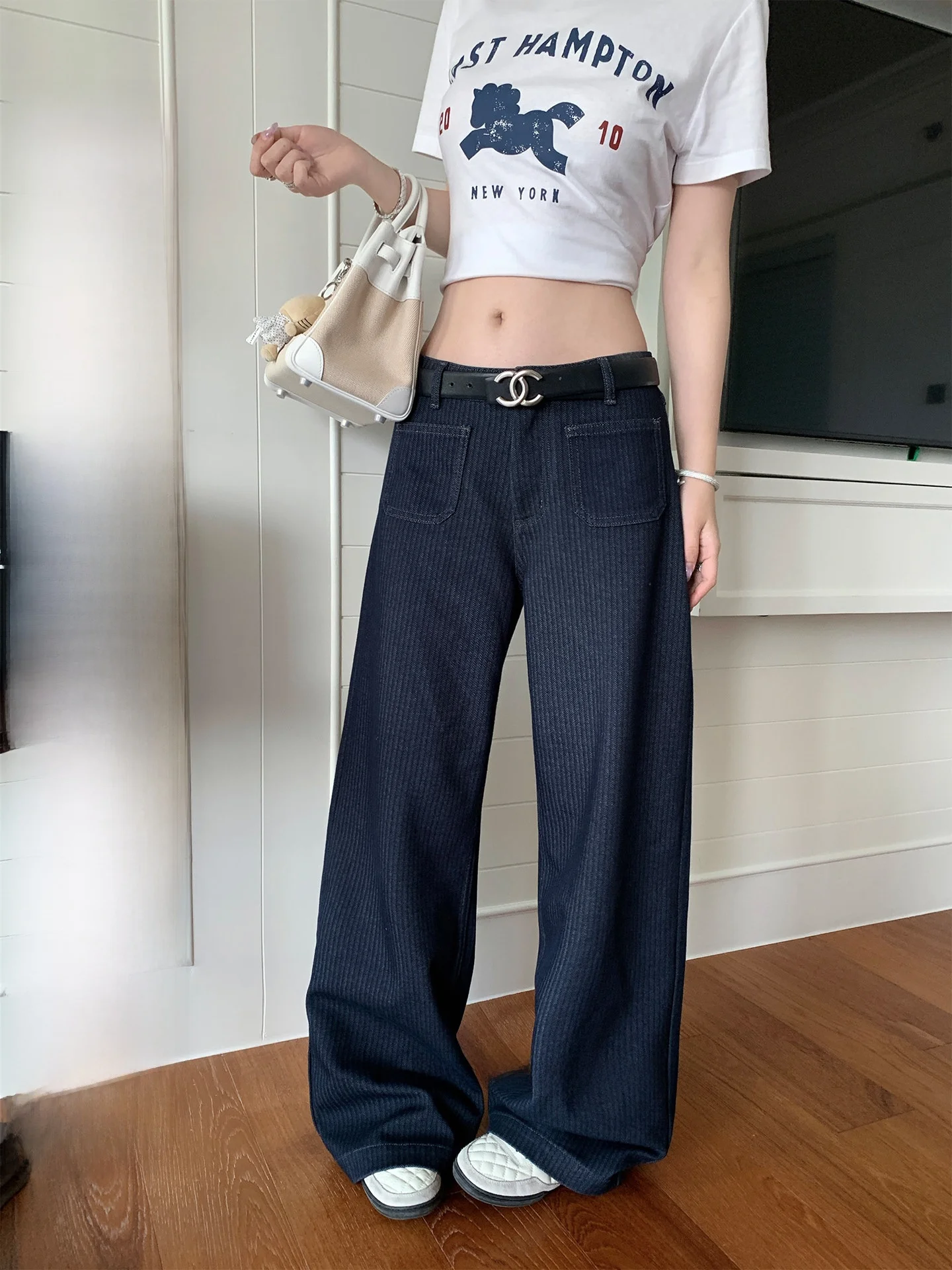 

Vintage Denim Straight Leg Jeans Women's Versatile Slimming Long Pants Casual Style Natural Waist Polyester Fiber Zipper Closure