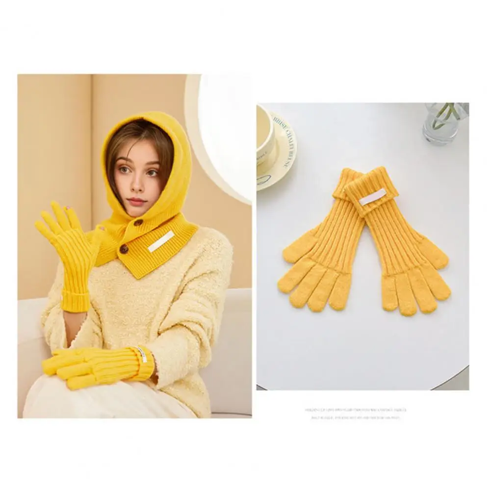 Conjunto de guantes de sombrero de lana para mujer, conjunto de guantes de invierno con bufanda integrada, pasamontañas de punto, Color sólido para la cabeza para ciclismo