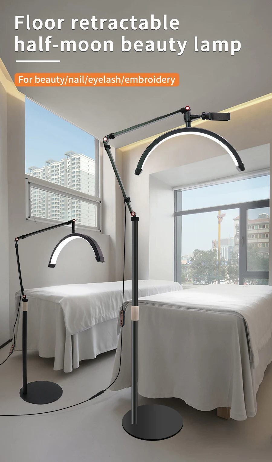 16-Zoll-LED-Halbmond-Wimpernlicht, Temperatur 3000 K–6000 K, Boden-LED-Ringlampe für Schönheitsgesichtsbehandlungen, Hautpflege, Tattoo, Augenbrauen, Filmen – Detail 4