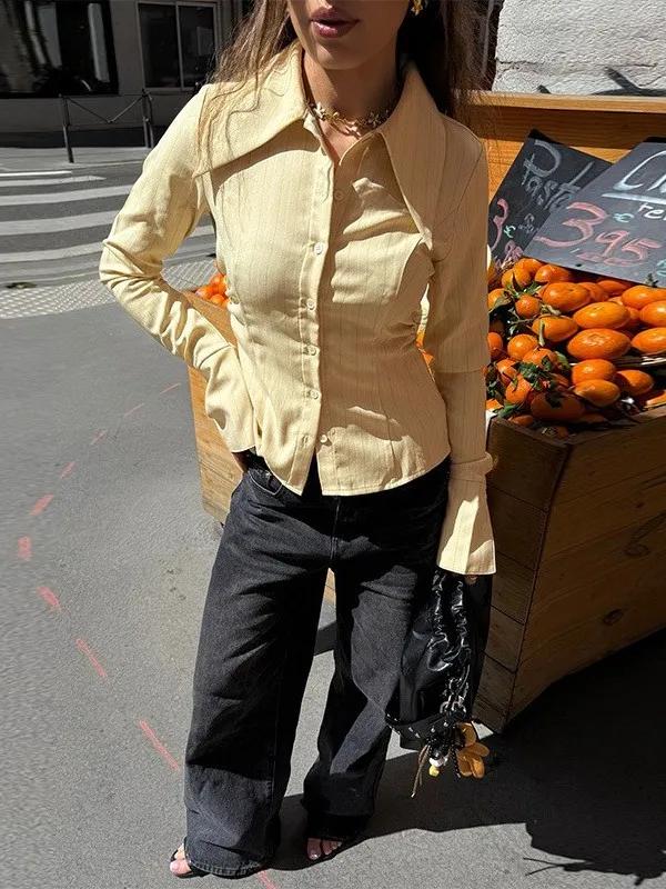 Ele Casual Long Sve Base irt Women's irt Collar Stripe Pattern Thiened PU Fabric Resistant to Deformation