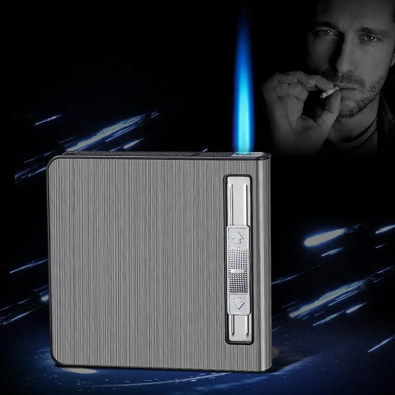 Automatic Pop-Up Cigarette Case with Inflatable Lighter Holds 20 Cigarettes Anti-Pressure Metal Cigarette Case Gift for Men