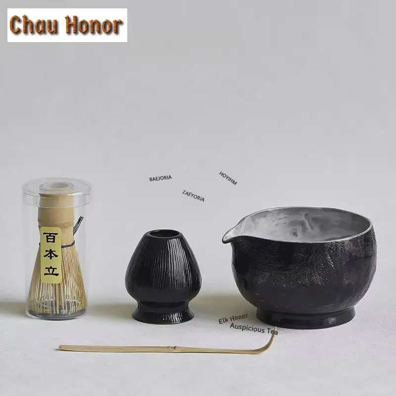 ZAEYORIA Handmade Coarse Pottery Matcha Set Wabi-sabi Brush Black Glaze Ceramic Tea Bowl Japanese Matcha Tea Ceremony Tableware