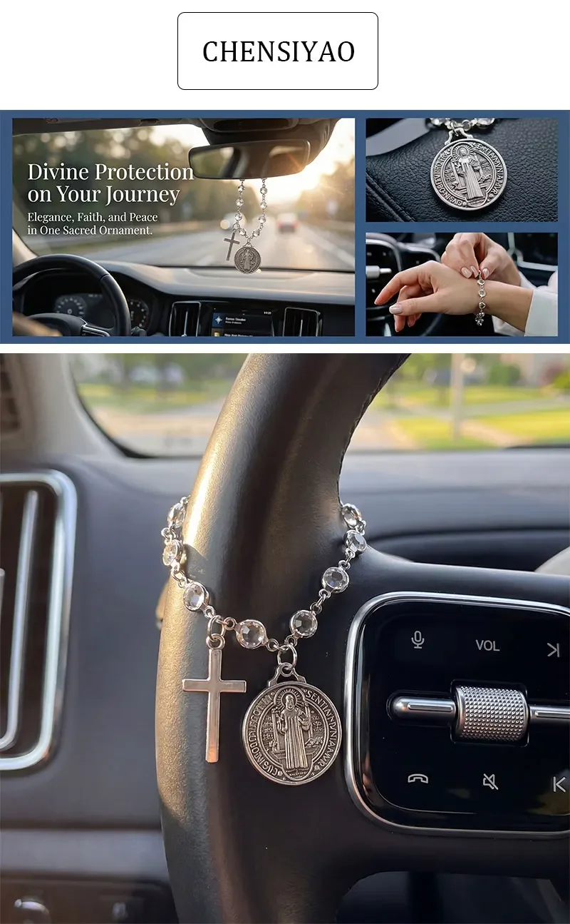 Katholisches Schutzrosenkranz-Autozubehör, St. Benedikt-Medaillon & Kreuzanhänger für die Auto-Innenausstattung, religiöser Schutzanhänger – Detail 1