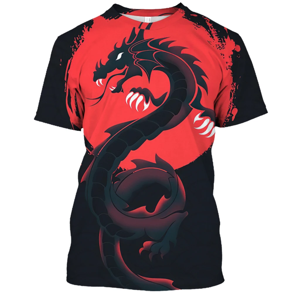 Summer Men\'s T Shirt Casual Short Sleeve Dragon Pattern Print Fashion O-Neck Pullover Street Loose Clothing Oversized Sportshirt