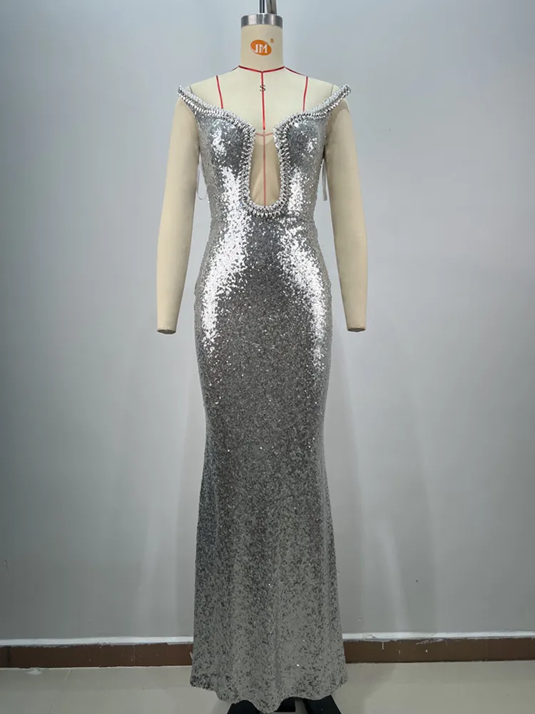 Women Celebrity Sexy Strapless Backless Diamonds Sequins Silver Maxi Long Gowns Dress 2024 Elegant Evening Party Club Vestido