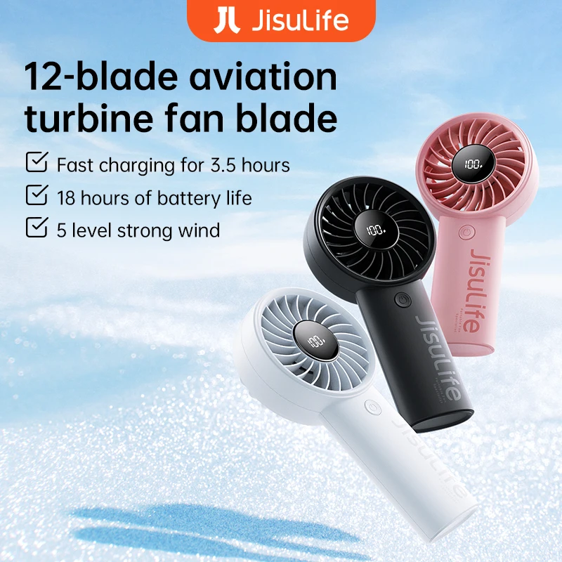 JISULIFE Handheld Fan,5 Levels of Strong Wind,Safety Lock,5000mAh Battery,LED Display,USB Rechargeable,Summer Personal Fan