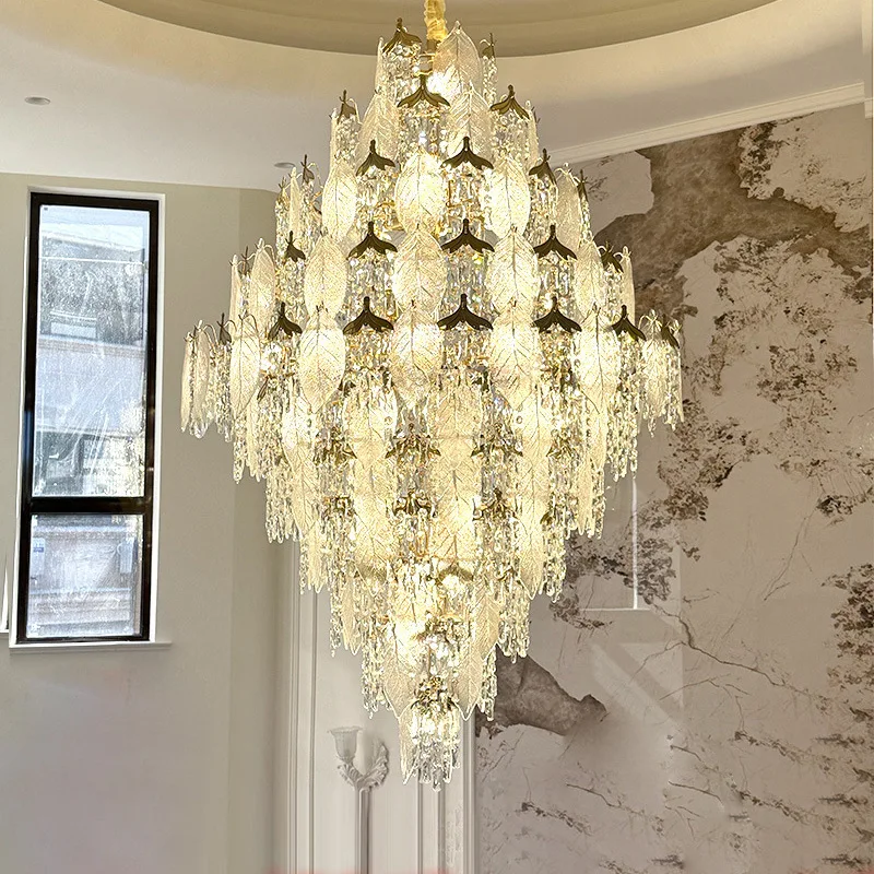 French villa empty living room chandelier, crystal light luxury hotel lobby 2025 new duplex building lobby stairs