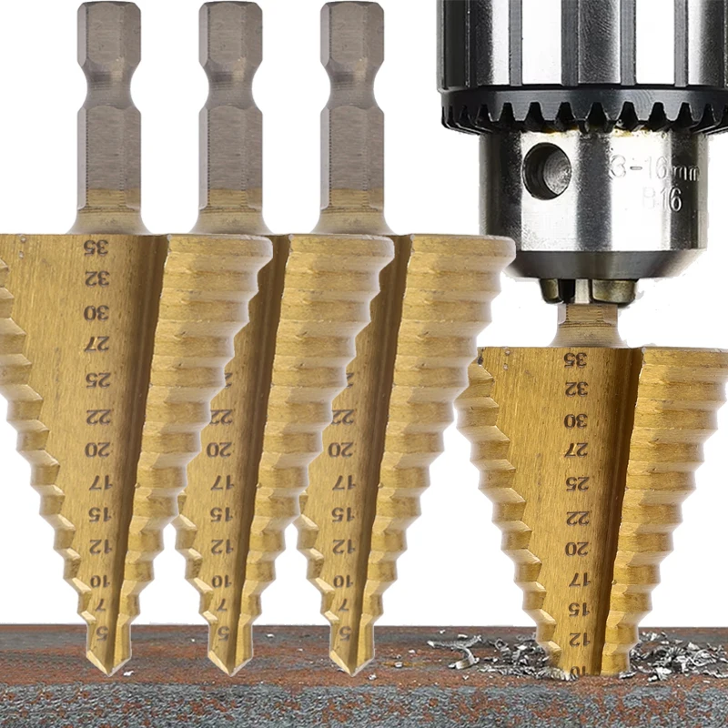 

Высокоскоростное стальное сверло с титановым покрытием, шестиугольное ступенчатое сверло, конусные сверла, пластик, дерево, металл, сверление отверстий, электроинструменты «сделай сам»