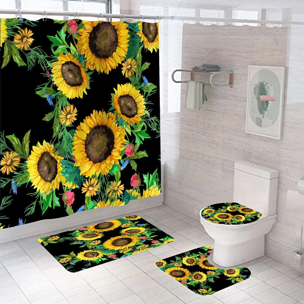 Magic Sunflower Butterfly Shower Curtain Sets, Black, Yellow Art, Country Flower, Bathroom Decor, Bath Mats, Rug Toilet Cover