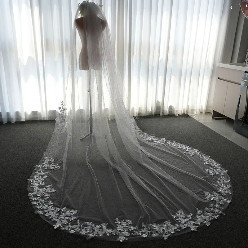 Handmade Wedding Veil Long Bridal Veils WHITE/Ivory Lace Edge Appliques Soft Net Cathedral Veil Cape Shawl