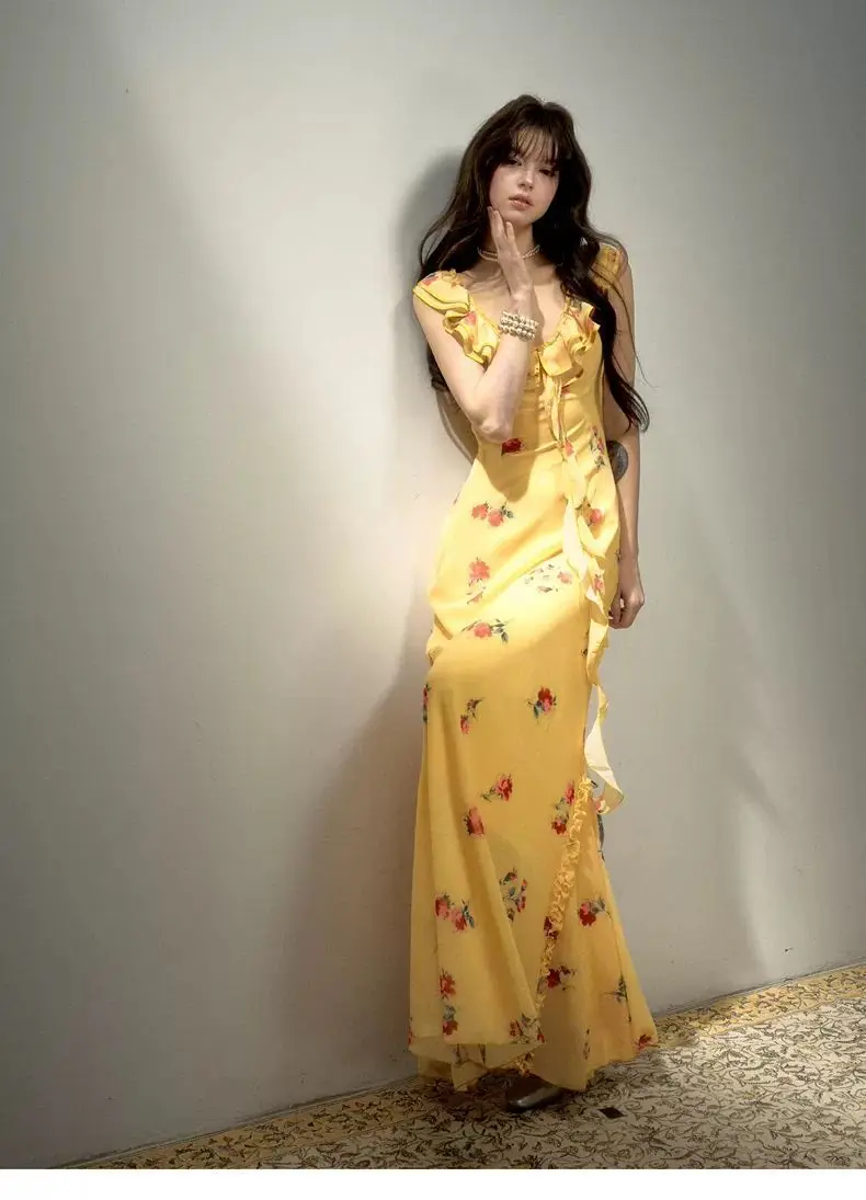 Nonsar vintage crepúsculo rosa babados amarelo estilingue vestido floral feminino francês elegante sexy gola v magro praia vestidos longos