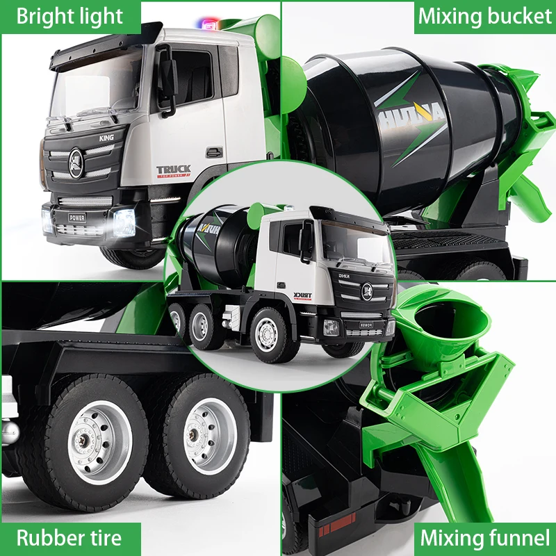 HUI NA TOYS Escala 1:18 Caminhão misturador de cimento RC de liga de 9 canais com 360 °   Tambor giratório e funil de mistura, sistema de controle tátil