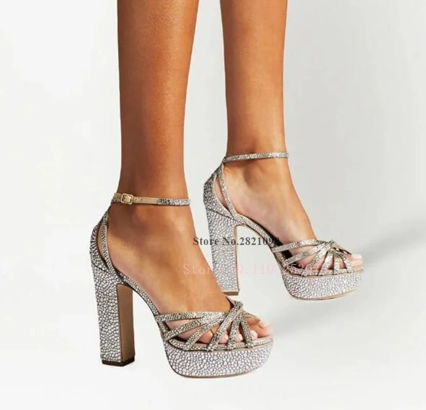 120Mm Studded Platform Sandals Silver Tone Suede Leather Crystal Ankle Wrap Decor Open Toe Summer Dress Shoes